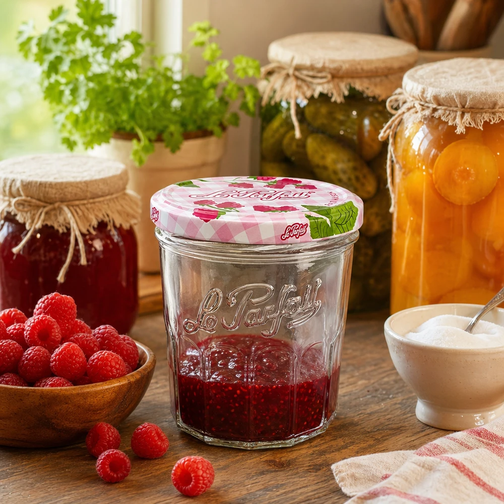 324ml Sturzglas "Jam" mit Schraubdeckel Le Parfait® Le Parfait 324ml Einmachglas mit Himbeermarmelade in rustikaler Küche neben anderen Konservengläsern und Kräutern