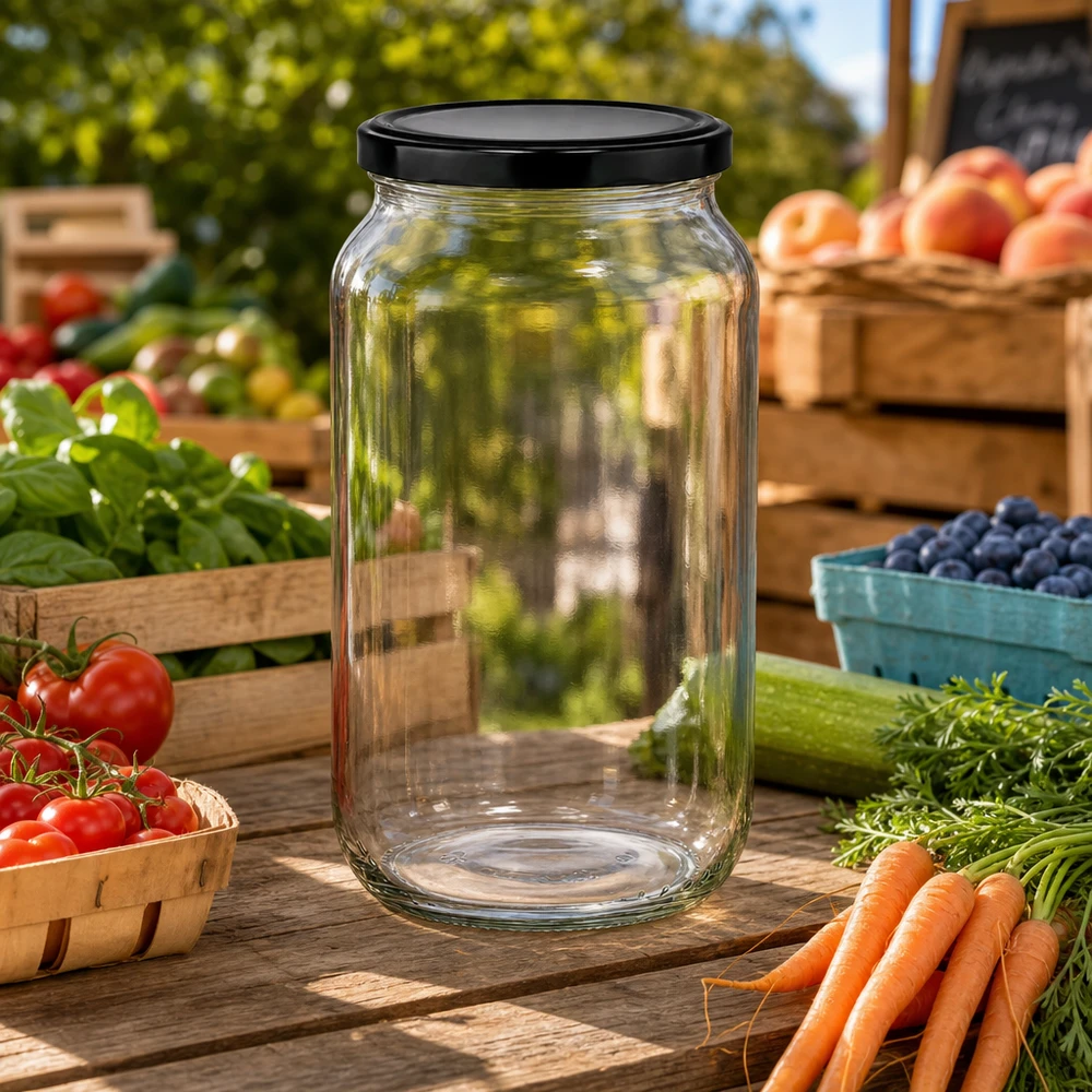 1062ml Rundglas vor Marktstand mit frischem Gemüse - praktisches Einmachglas für Gartenprodukte und Selbstgemachtes