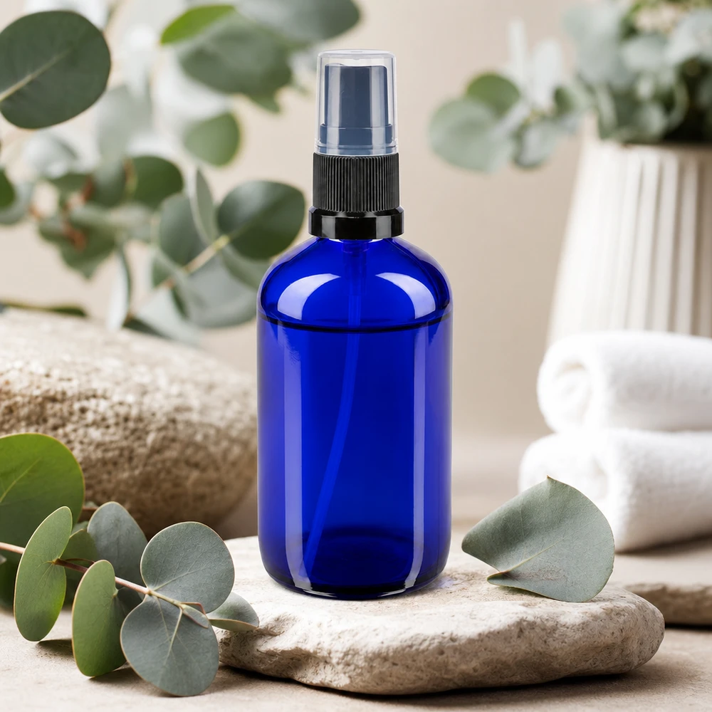 Runde kobaltblaue 100ml Flasche mit Feinstaubzerstäuber für ätherische Öle und Kosmetik
