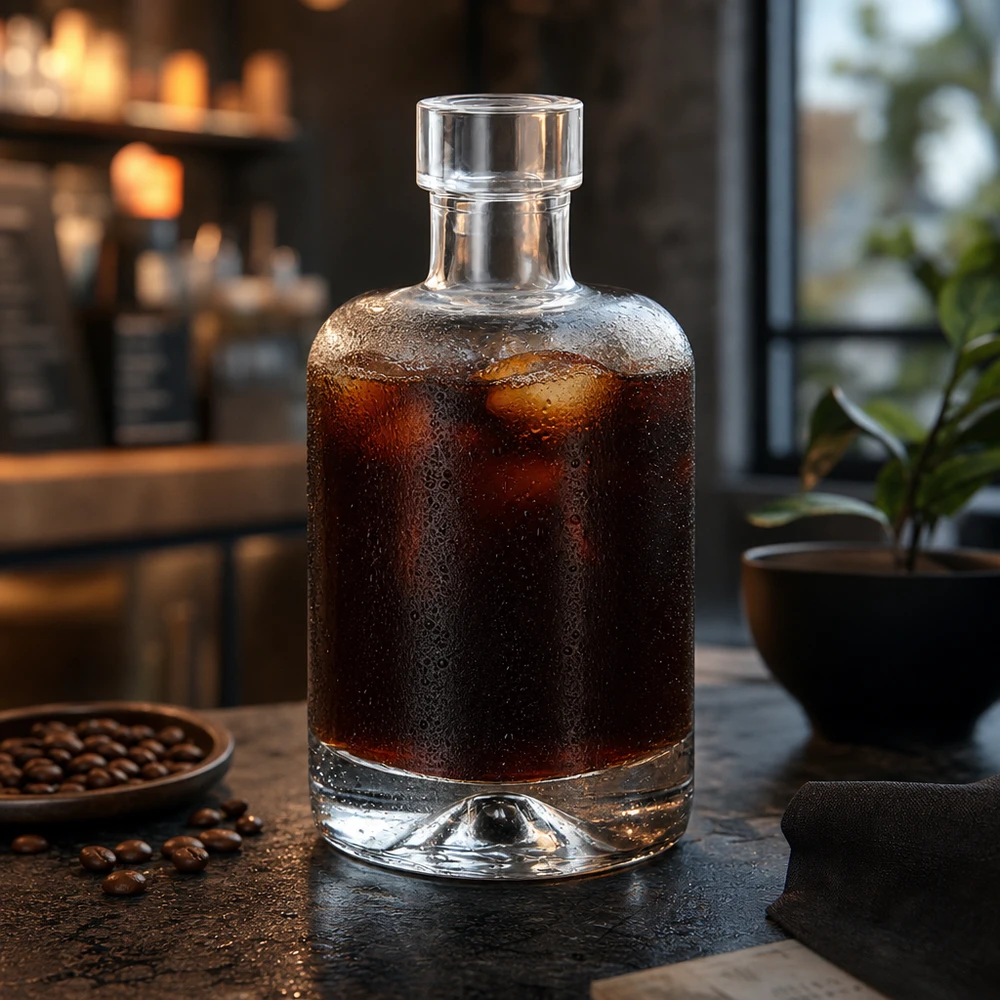 50ml Glasflasche "Attila" ohne Verschluss UNiTWIST® 50ml Glasflasche Amelie mit Cold Brew Kaffee befüllt neben Kaffeebohnen zeigt Verwendung für Getränke und Spirituosen
