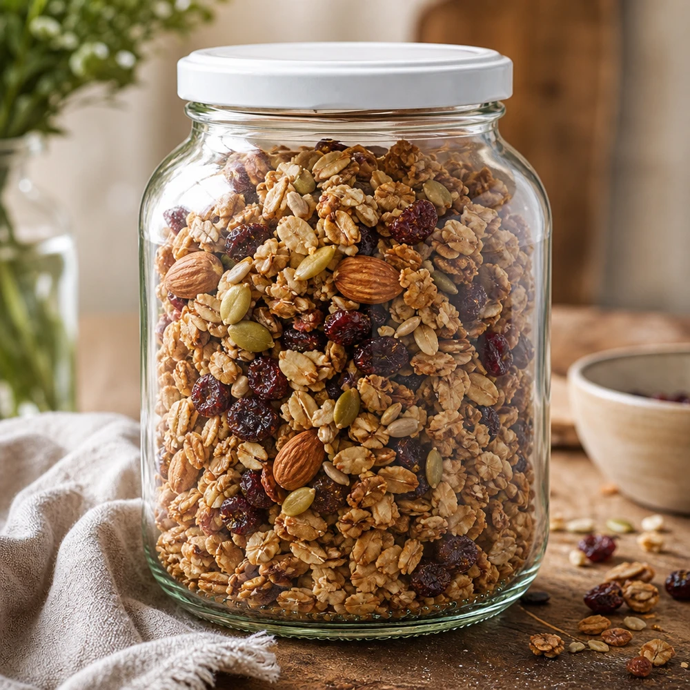 370ml Ovalglas UNiTWIST mit weißem Deckel gefüllt mit Müsli Nüssen Trockenfrüchten Granola Vorratsdose Küche