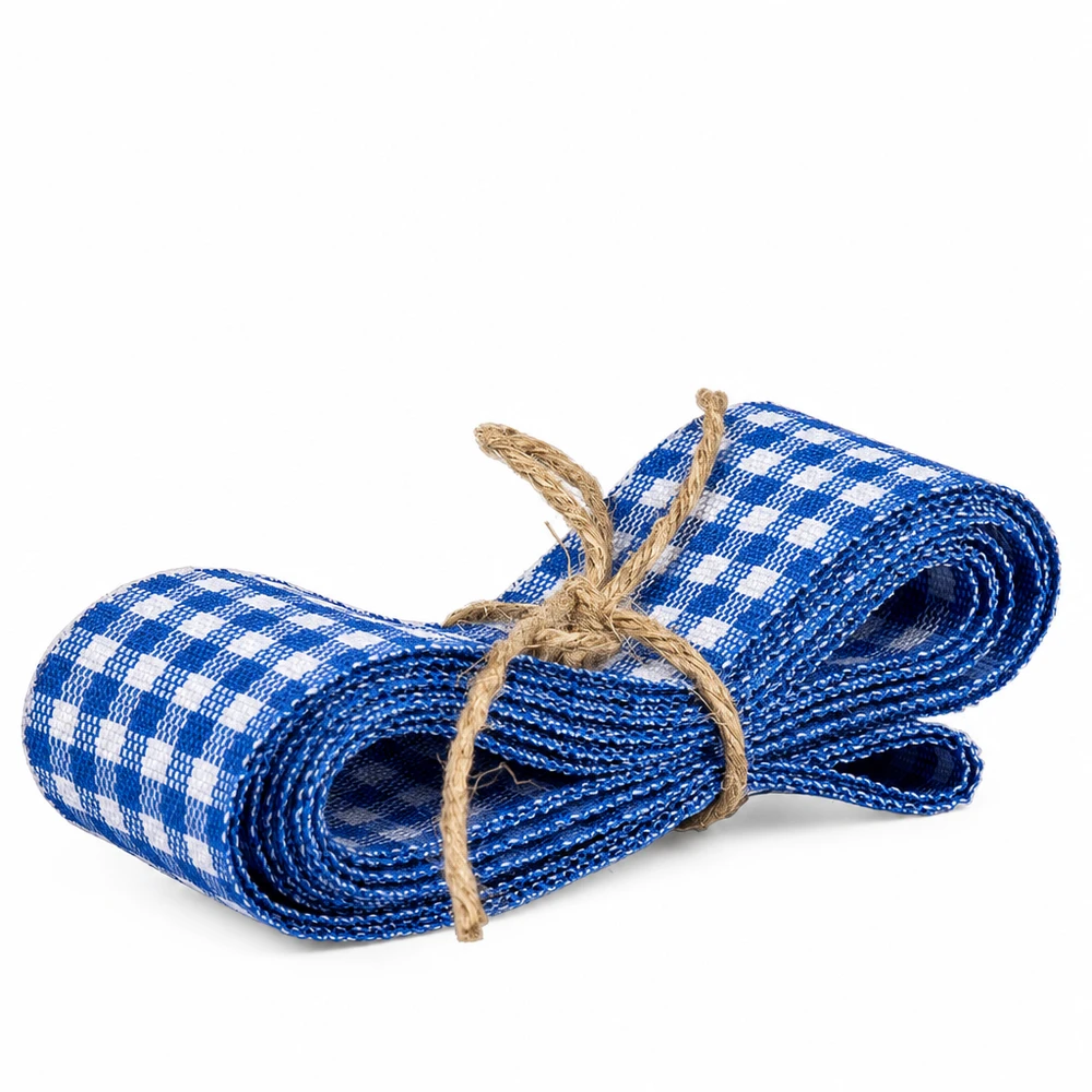 Stoffband blau/weiss zum Dekorieren 300cm Blau-weißes Stoffband kariert 300cm lang gerollt mit Juteschnur gebunden für Dekoration und Basteln