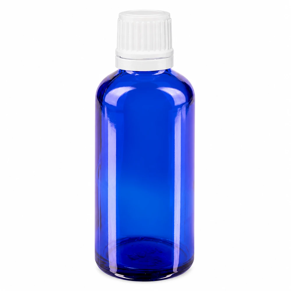 UV-Schutz Apothekerflasche blau 50ml Borosilikatglas mit weißem Dosierverschluss