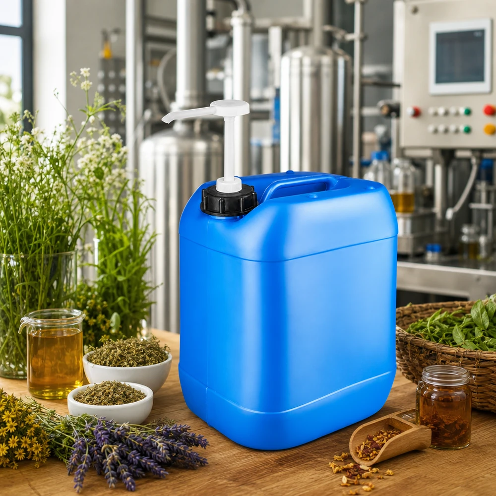 Kanister 20 Liter blau mit Dosierpumpe Stapelbarer blauer Kunststoffkanister 20 Liter mit weißer Pumpe für Naturprodukte und Extrakte