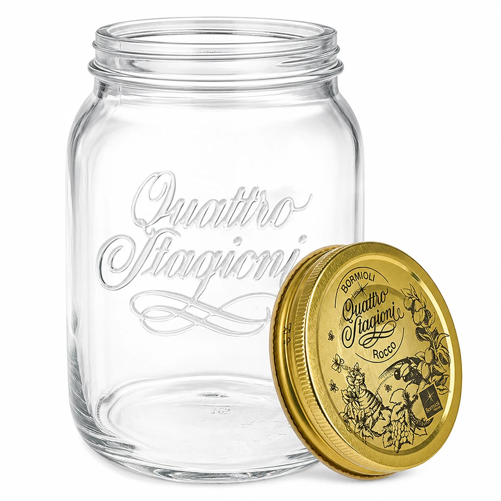 2000ml Rundglas "Quattro Stagioni" mit Deckel Quattro Stagioni Einmachglas 2L mit dekorativem Golddeckel - italienisches Konservierungsglas für Marmelade und Eingemac