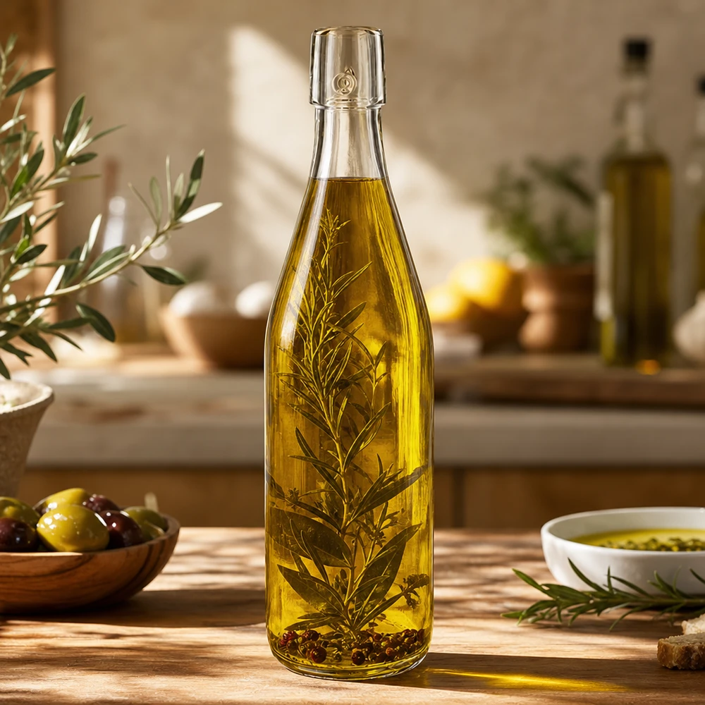 500ml UNiTWIST Glasflasche mit Olivenöl und Kräutern befüllt in mediterraner Küche als Anwendungsbeispiel