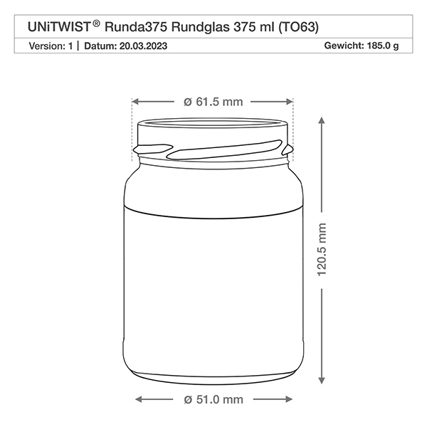 375ml Rundglas ohne Deckel (TO63) UNiTWIST UNiTWIST Runda375 Rundglas 375ml TO63 technische Zeichnung mit Maßangaben Durchmesser 61mm Höhe 120mm Gewicht 185g