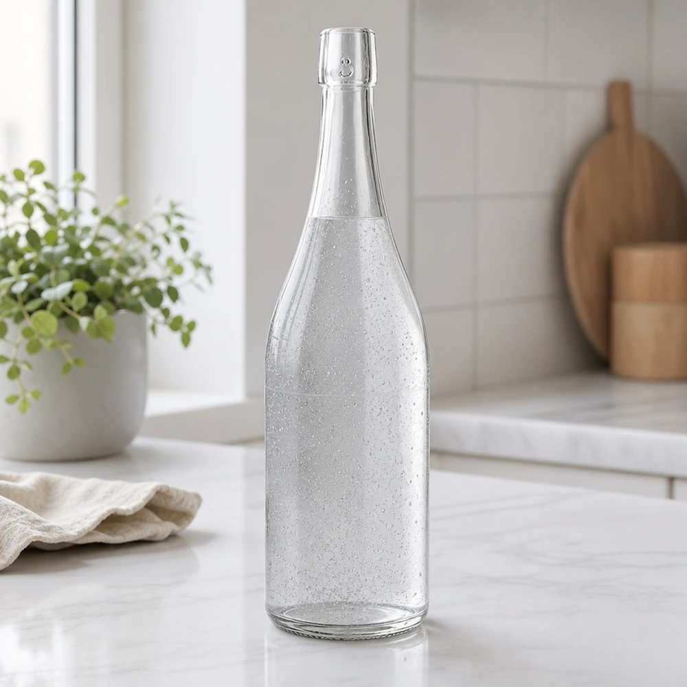 750ml UNiTWIST Glasflasche mit Sprudelwasser befüllt moderne Küche weißer Marmor Arbeitsplatte Ambiente