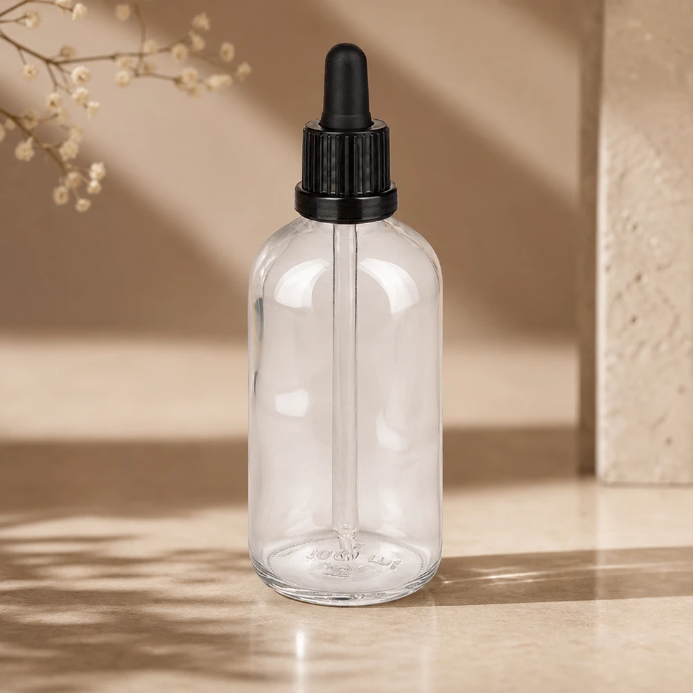 Glasflakon 100ml mit schwarzem Tropfer Naturkosmetik ätherische Öle Abfüllflasche ClearLine UT18
