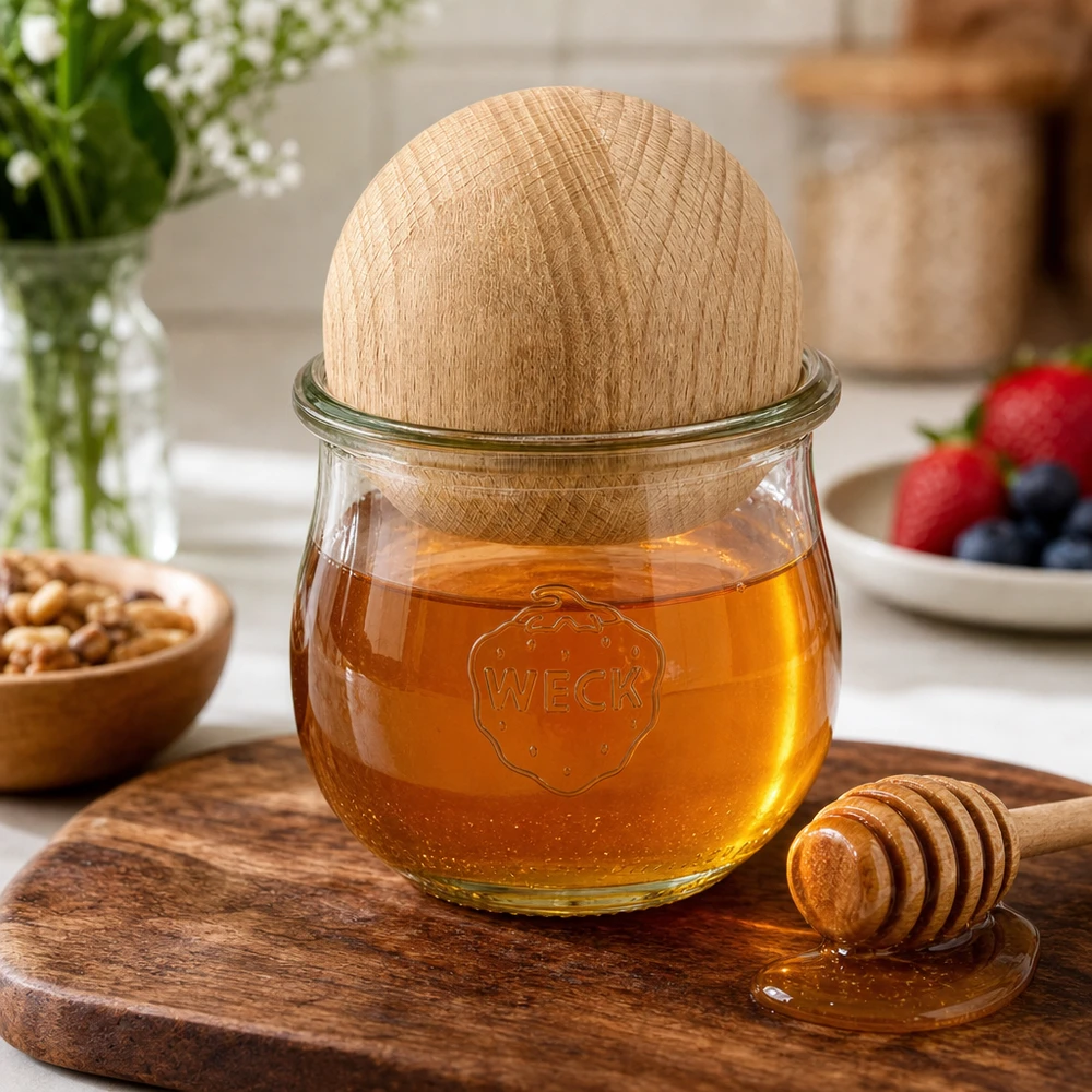 WECK Tulpenglas RR80 370ml mit Buchenkugel als Honigglas mit Honiglöffel auf Holzbrett in natürlicher Küche