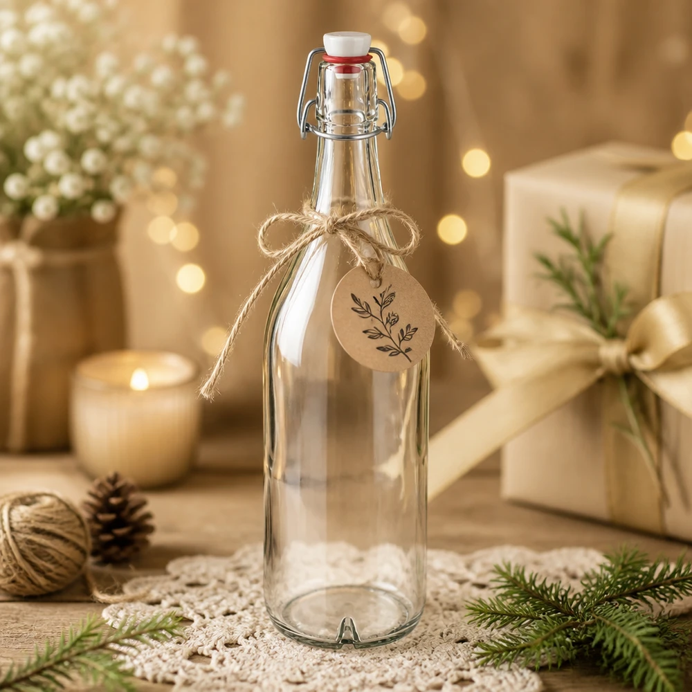 1000ml Glasflasche und Bügelverschluss PVC UNiTWIST 1000ml Glasflasche Bügelverschluss PVC weihnachtlich dekoriert mit Geschenkanhänger rustikaler Stil Winterdeko