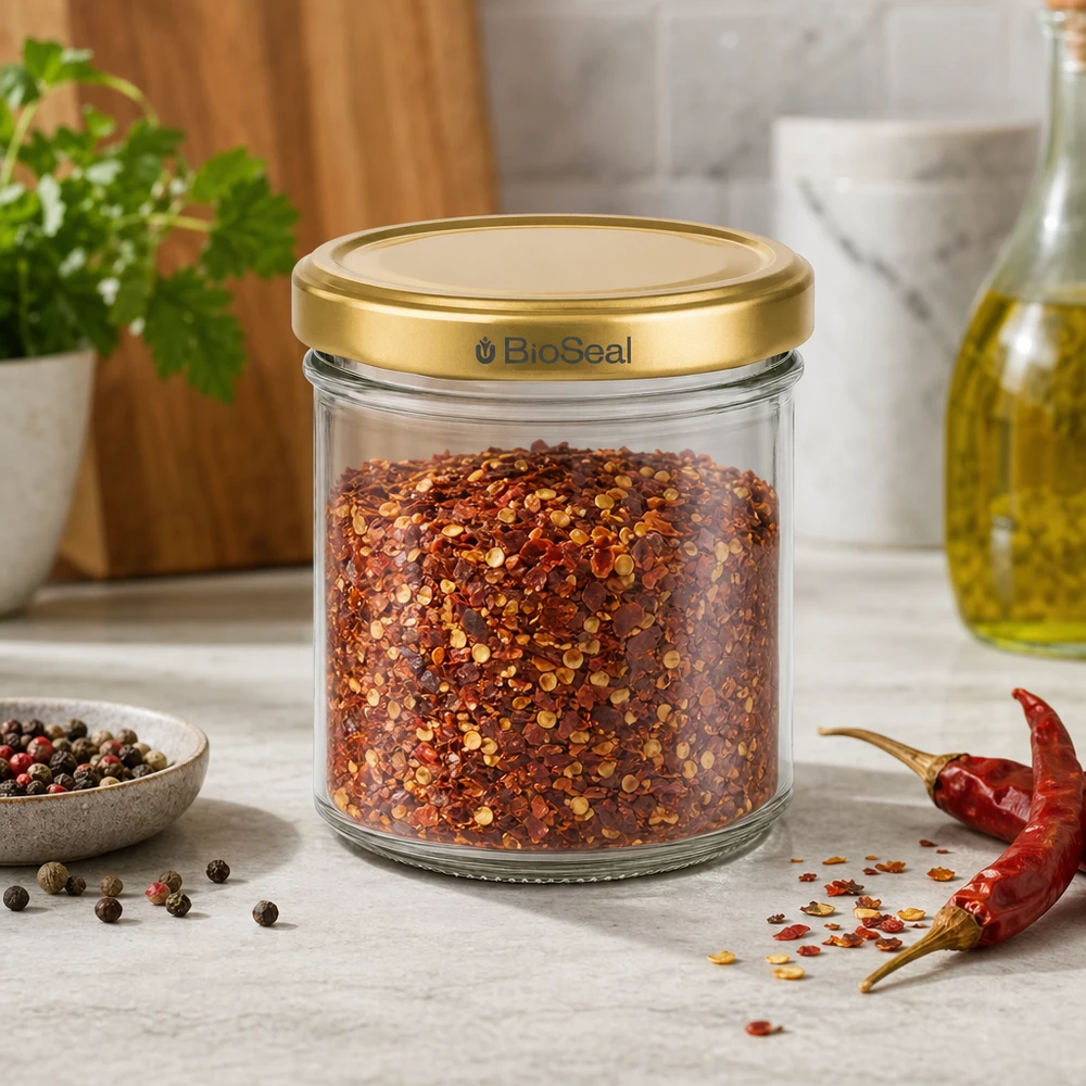200g Honigglas mit goldenem Deckel BioSeal UNiTWIST BioSeal 200g Gewürzglas mit Chilliflocken gefüllt goldener Deckel Küchenszenerie mit Pfefferkörnern und Chili