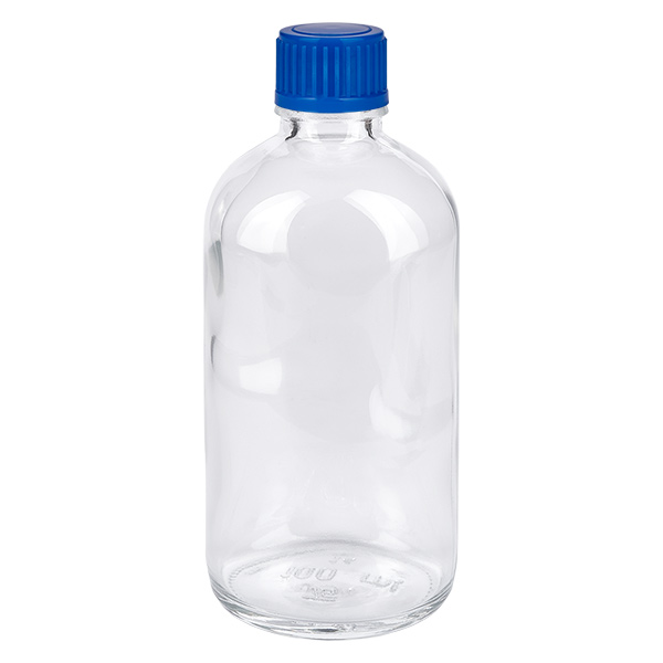 100ml Flasche 11mm Schraubverschluss blau Standard ClearLine UT18/100 Leere 100ml Glasflasche ClearLine UT18 mit kindersicherem blauen Schraubverschluss