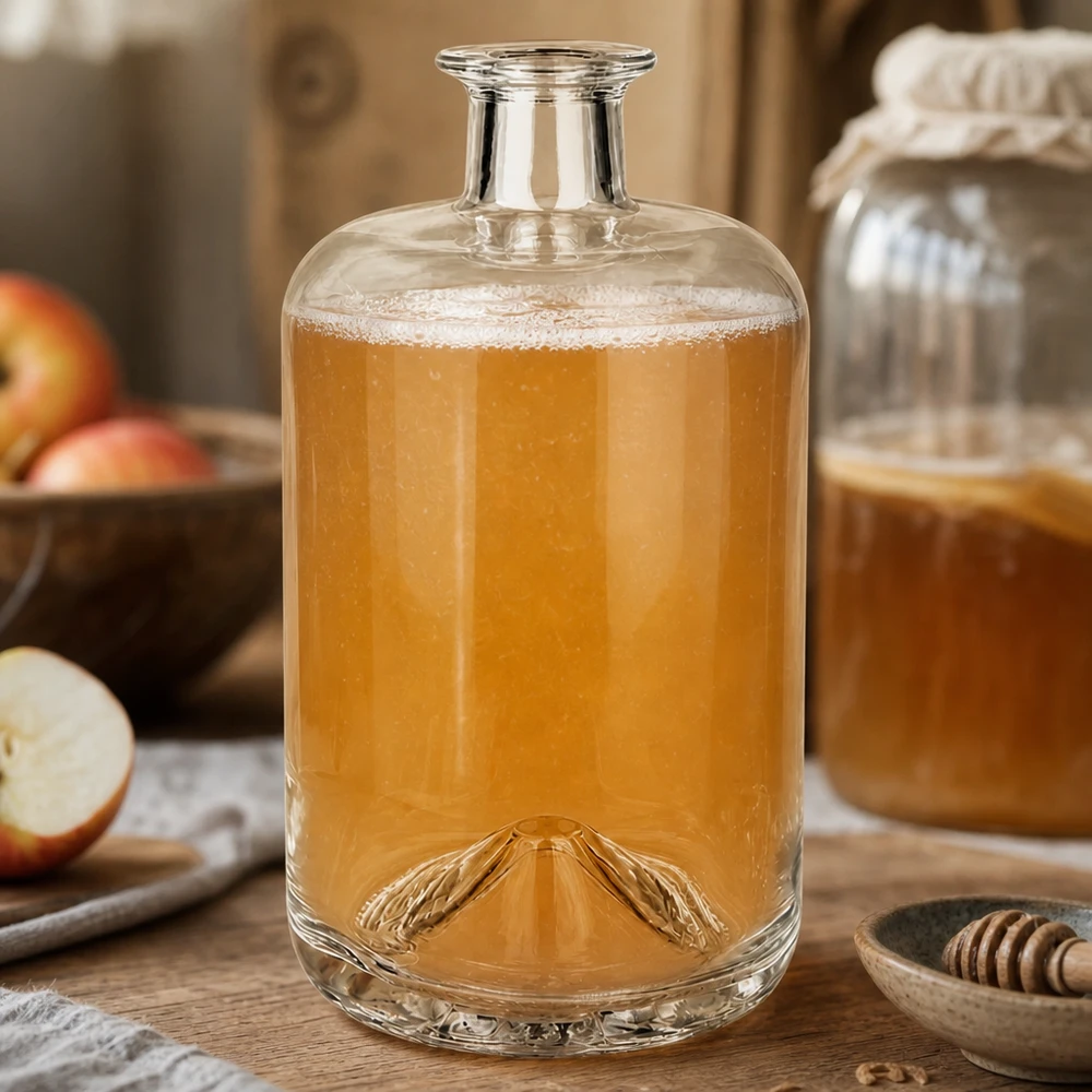 700ml Glasflasche Sofia mit Apfelsaft gefüllt umgeben von frischen Äpfeln und Honig rustikale Küchenszenerie