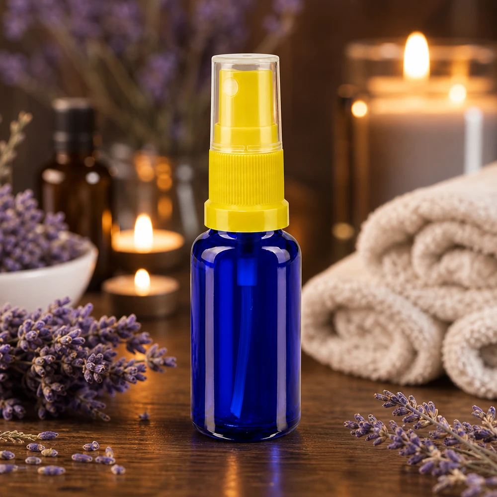 Lichtschützende Glassprayflasche 20ml Blau mit gelbem Sprühaufsatz und transparenter Kappe