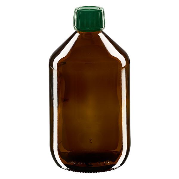 500ml Medizinflasche braun, Verschluss grün mit Originalitätsring ApoGlas 500ml Medizinflasche braun, Verschluss grün mit Originalitätsring ApoGlas
