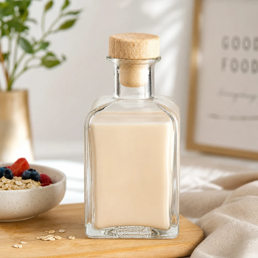 200ml Glasflasche Clara mit Hafermilch befüllt Holzkorken Müslischale Beeren Oats gesunde Ernährung Frühstück