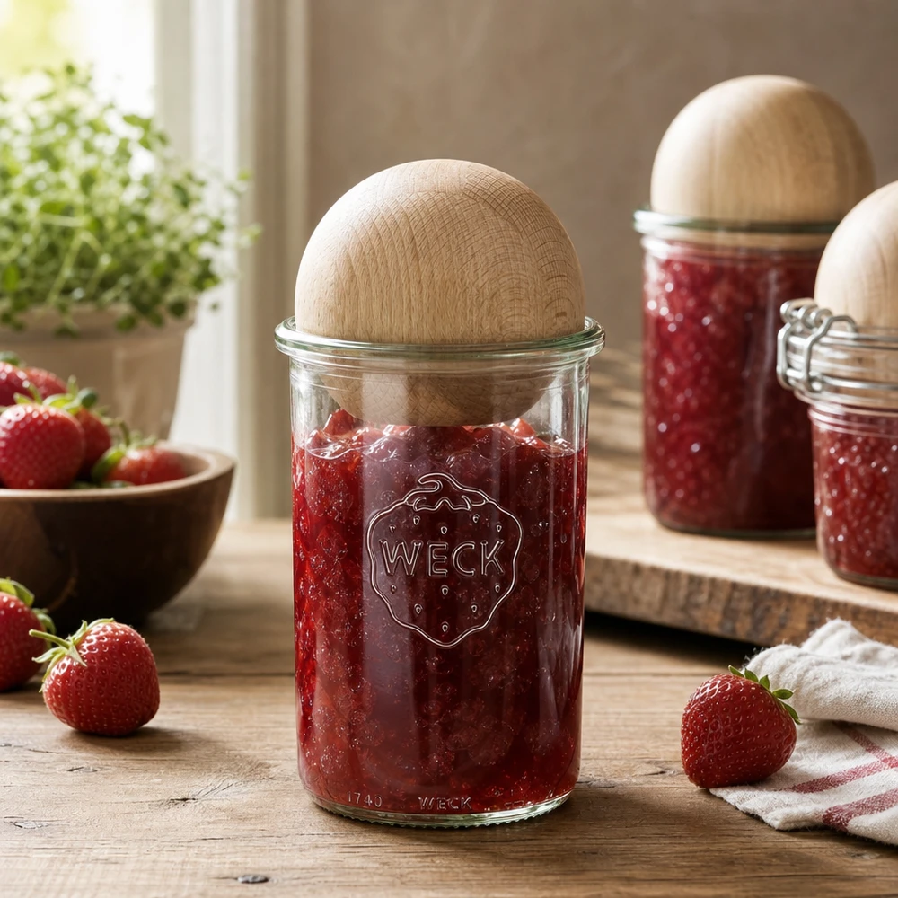 1000ml Sturzglas WECK RR100 mit Holzkugel Buche WECK Einmachglas 1000ml mit Erdbeermarmelade befüllt und Holzkugel-Deckel in rustikaler Küche mit frischen Erdbeeren