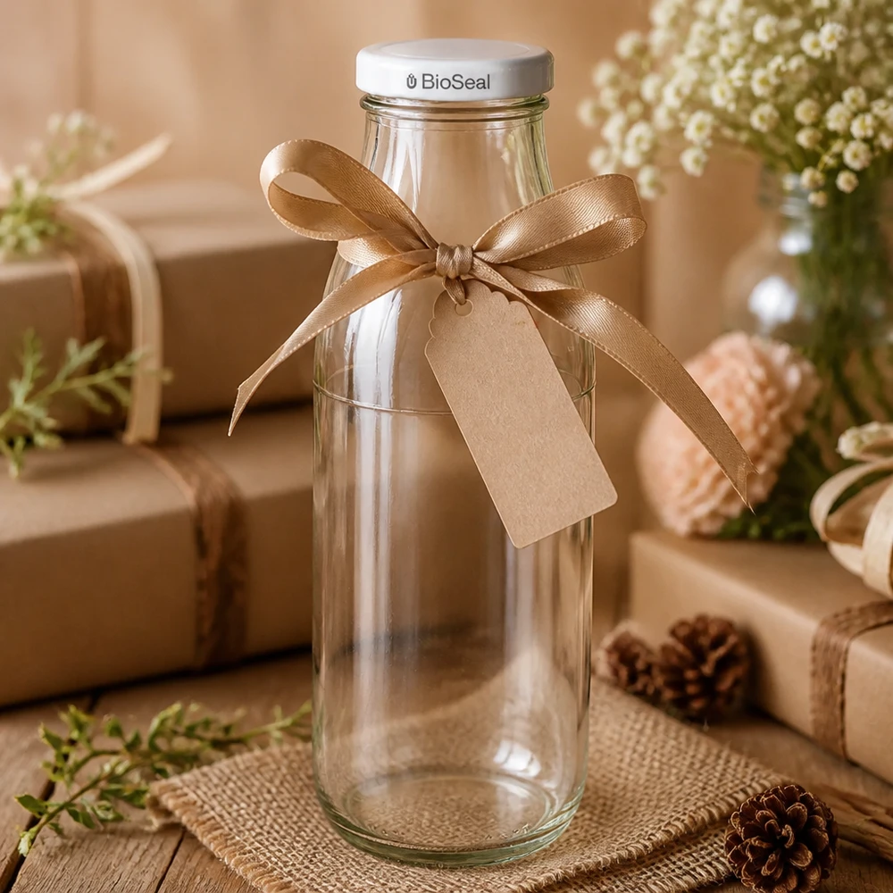 500ml Glasflasche leer als Geschenk verpackt mit brauner Schleife und Anhänger, BioSeal Deckel weiß