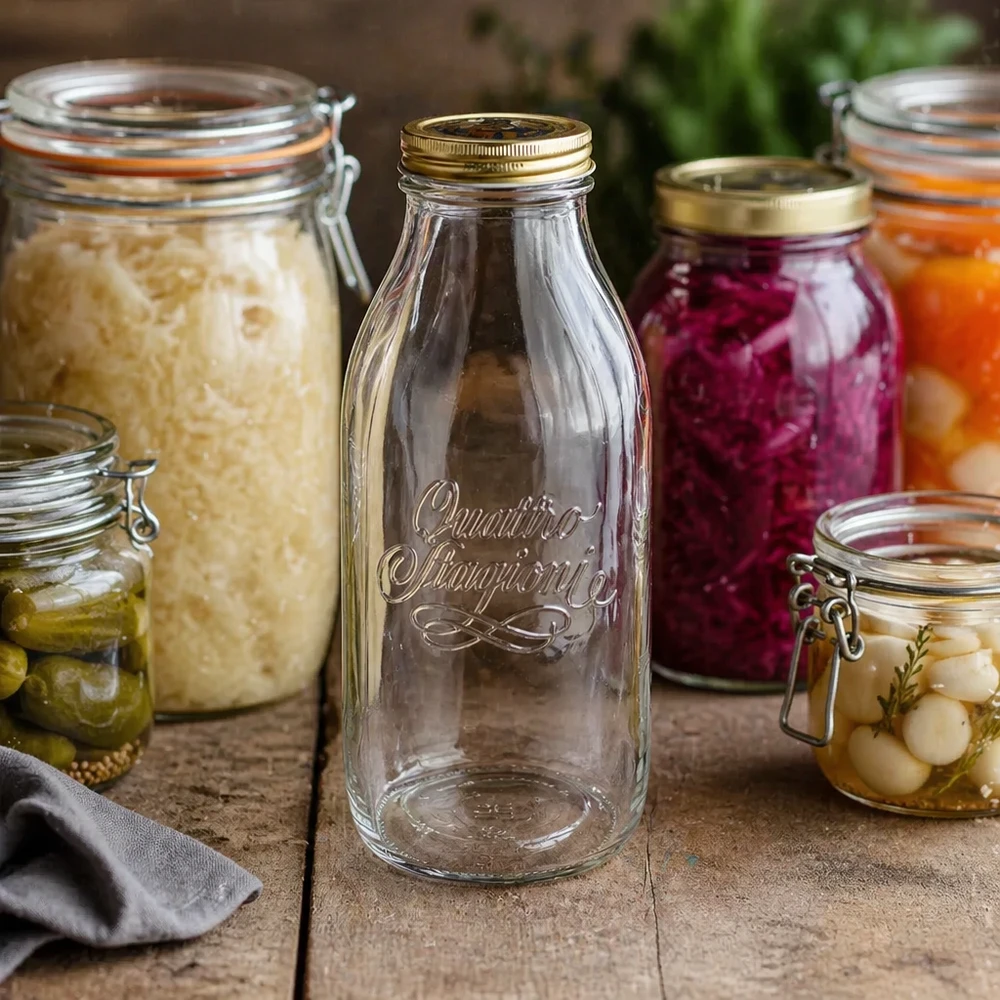 1000ml Glasflasche "Quattro Stagioni" mit Deckel Quattro Stagioni 1000ml Glasflasche zwischen Einmachgläsern mit fermentiertem Gemüse und eingelegten Lebensmitteln