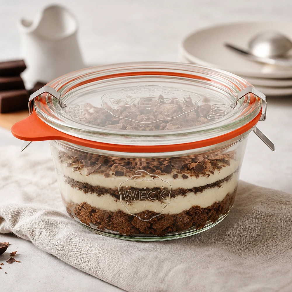 290ml Sturzglas niedrig komplett WECK RR100 WECK Sturzglas 290ml RR100 mit Schichtdessert Tiramisu gefüllt zeigt vielseitige Verwendung als Dessertglas