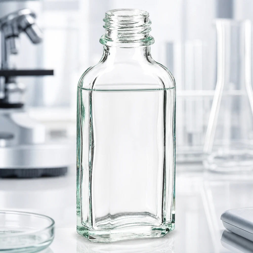 50 ml Meplatflasche klar DIN22 Kleine 50 ml Laborflasche aus klarem Glas flach rechteckig DIN22