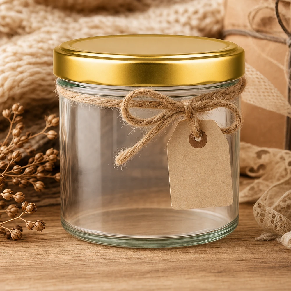 230ml Zylinderglas mit goldenem Deckel dekorativ geschmückt mit Jute-Schleife und Kraftpapier-Etikett rustikal