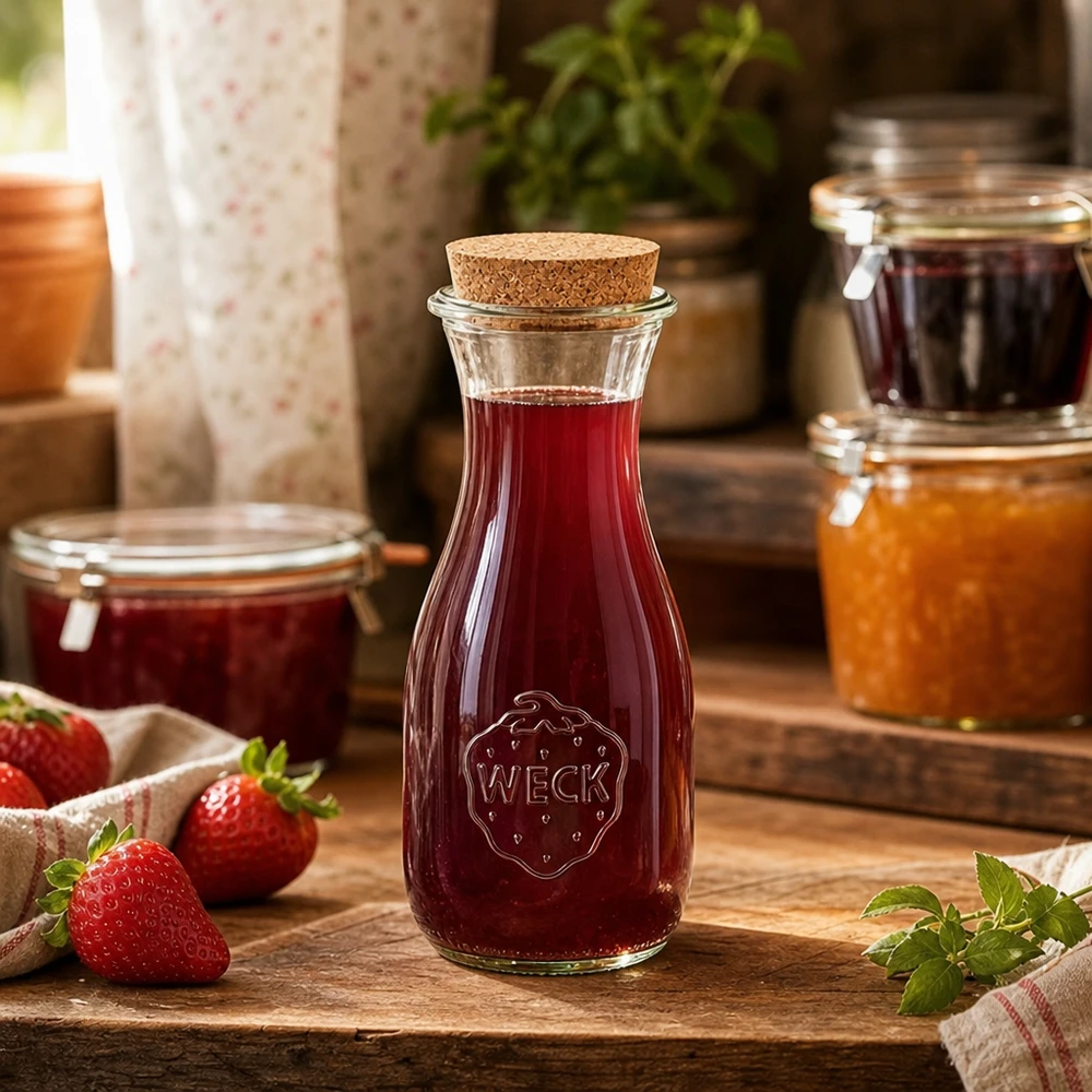 530ml Saftflasche WECK RR60 mit Korken natur WECK Saftflasche 530ml gefüllt mit rotem Saft auf Holztisch neben Marmeladengläsern und frischen Erdbeeren Küche