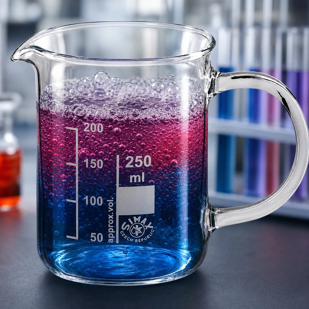 Becherglas 250ml Borosilikatglas, mit Henkel Becherglas 250ml mit Henkel von Simax Czech Republic mit sprudelndem blauem Inhalt