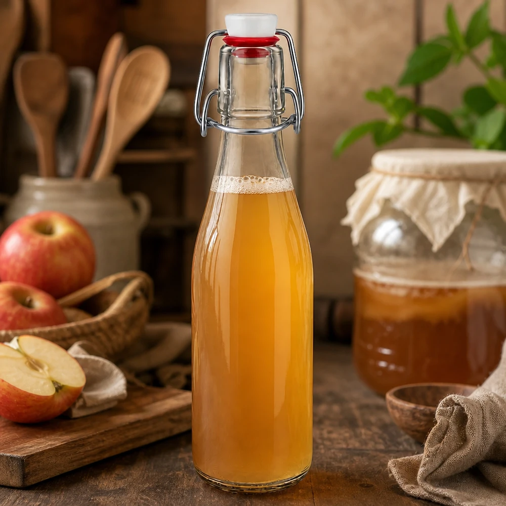 Glasflasche 250ml Bügelverschluss mit Apfelsaft gefüllt, Apfelscheiben und Marmeladenglas im Hintergrund
