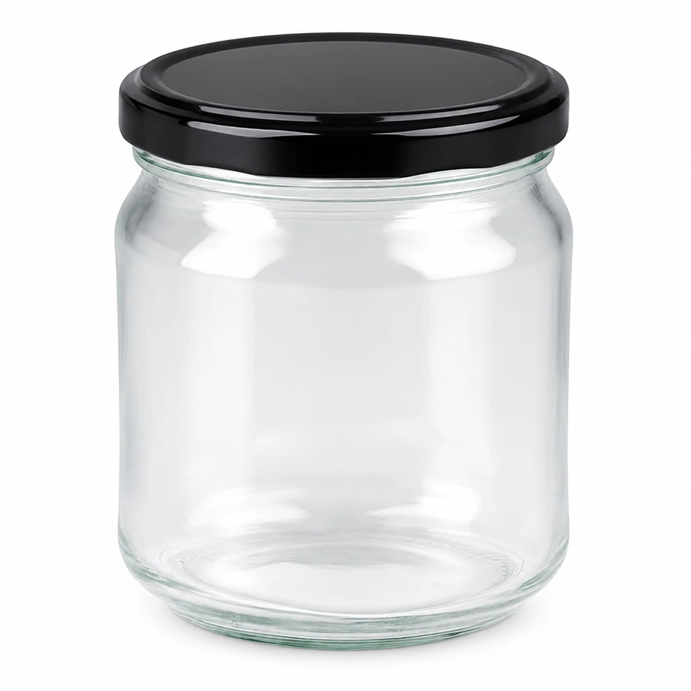 212ml Rundglas mit schwarzem BasicSeal Deckel leer auf weißem Hintergrund Marmeladenglas Einmachglas