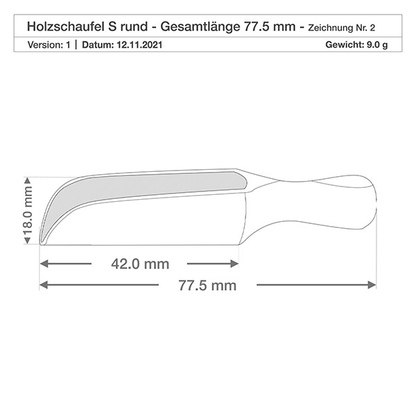 Holzschaufel Grösse S halbrunde Form - 75mm lang Detaillierte Maßzeichnung der kleinen Buchenholz-Schaufel mit 42mm Schaufellänge und 18mm Höhe seitliche Ansicht