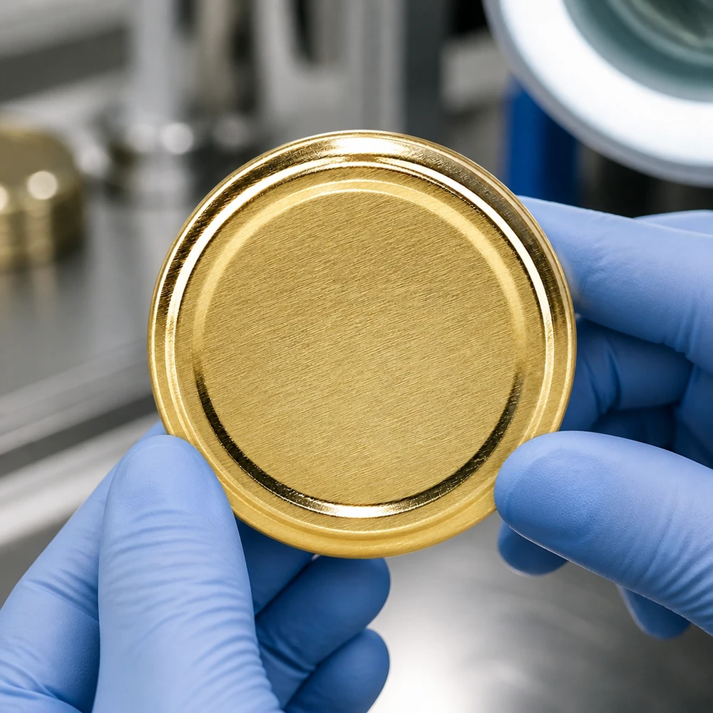 63mm BasicSeal Deckel gold (TO63) UNiTWIST Blau behandschuhte Hände halten goldenen BasicSeal Deckel 63mm Qualitätsprüfung