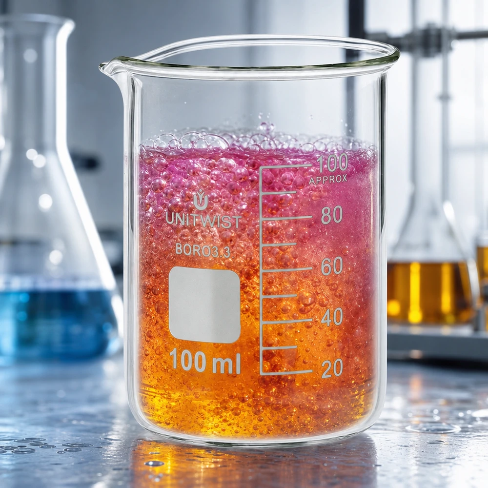 Becherglas 100ml Borosilikat, niedrige Form UNiTWIST Becherglas 100ml aus Borosilikat 3.3 mit schaumender mehrfarbiger Reaktion im Labor