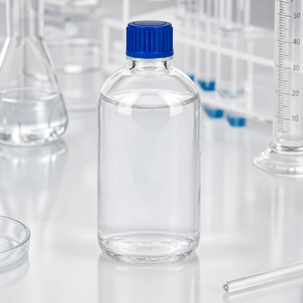 Abfüllflasche 100ml ClearLine UT18 transparentes Glas blauer Deckel für Pharmazie und Labor