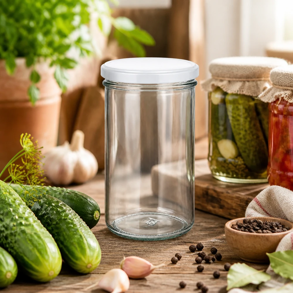 277ml Sturzglas in rustikaler Küchenszene mit Gurken und Gewürzen - vielseitiges Einmachglas für Pickles