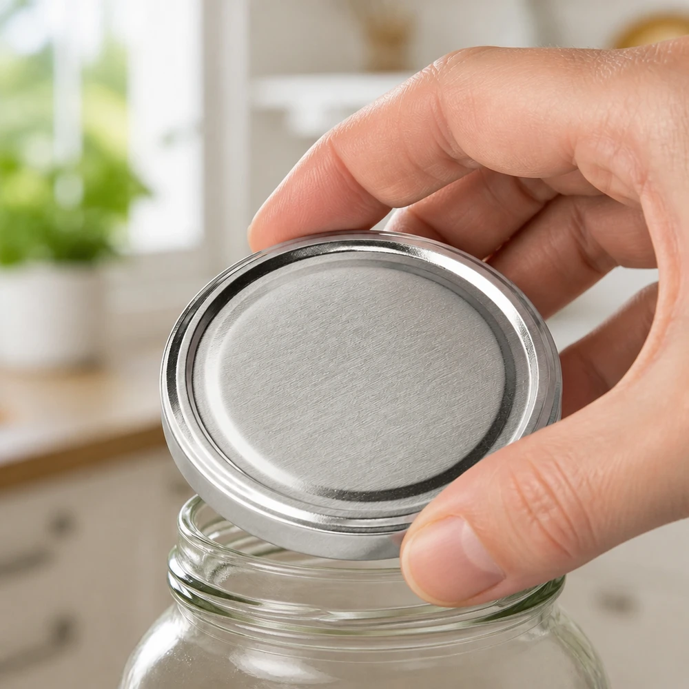 100mm TO100 Schraubdeckel BasicSeal matt silber auf transparentem Einweckglas von oben