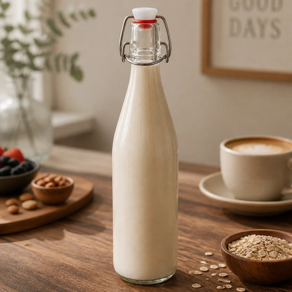 500ml Glasflasche und Bügelverschluss Porzellan UNiTWIST Bügelverschluss Glasflasche 500ml mit Hafermilch gefüllt auf Holztisch neben Kaffeetasse und Haferflocken