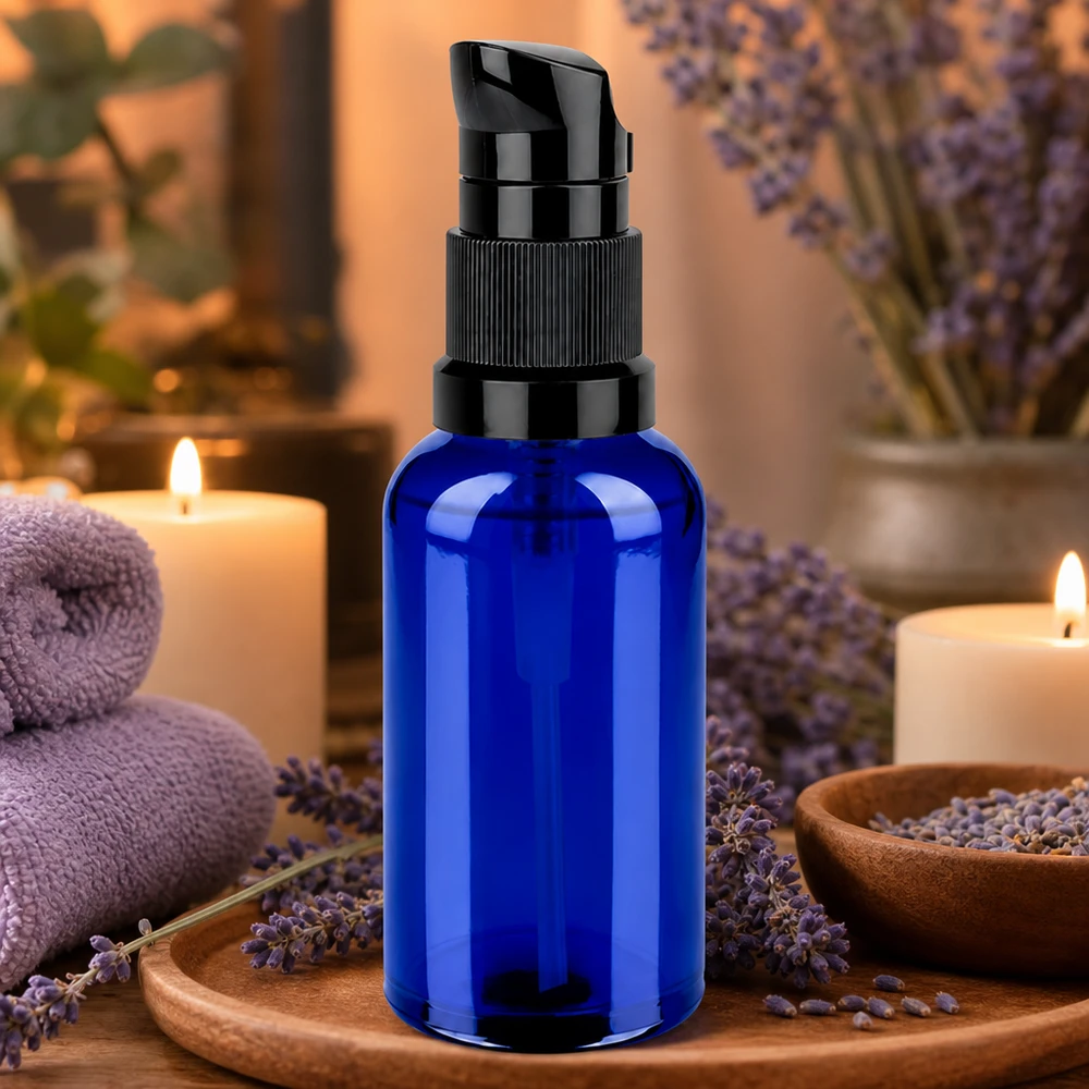Praktische 50ml Pumpflasche STD BlueLine UT18/50 mit hygienischem Pumpverschluss für Aromatherapie
