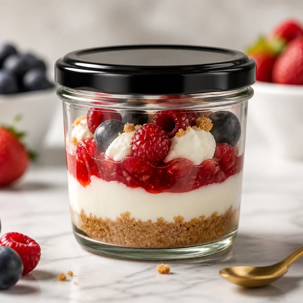 230ml Sturzglas mit BasicSeal Deckel schwarz gefüllt mit Beeren-Dessert zeigt elegante Portionierung und Präsentation