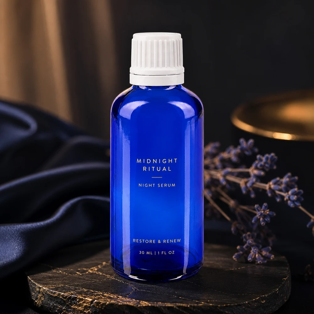 Apothekenflasche blau 50ml Schraubverschluss weiß Originalitätsverschluss Kobaltblaue Serumflasche aus Glas mit weißem Schraubverschluss vor schwarzem Hintergrund