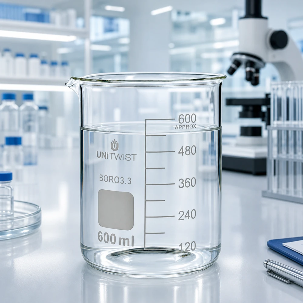 Becherglas 600ml Borosilikat, niedrige Form UNiTWIST Transparentes Laborglas 600ml UNiTWIST mit Millimetergraduierung neben Mikroskop und Petrischalen
