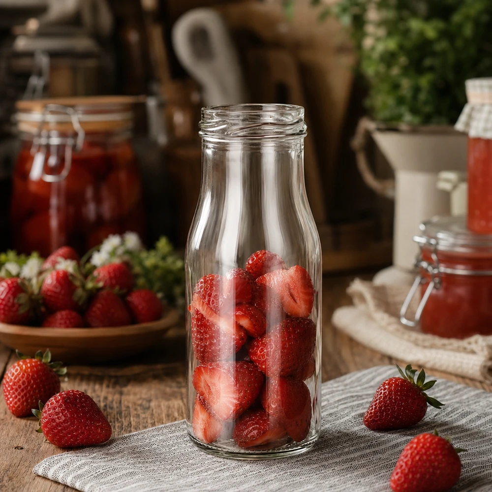 UNiTWIST Bottle150 Glasflasche 150ml TO43 mit frischen Erdbeeren gefüllt auf rustikalem Holztisch mit Marmeladengläsern