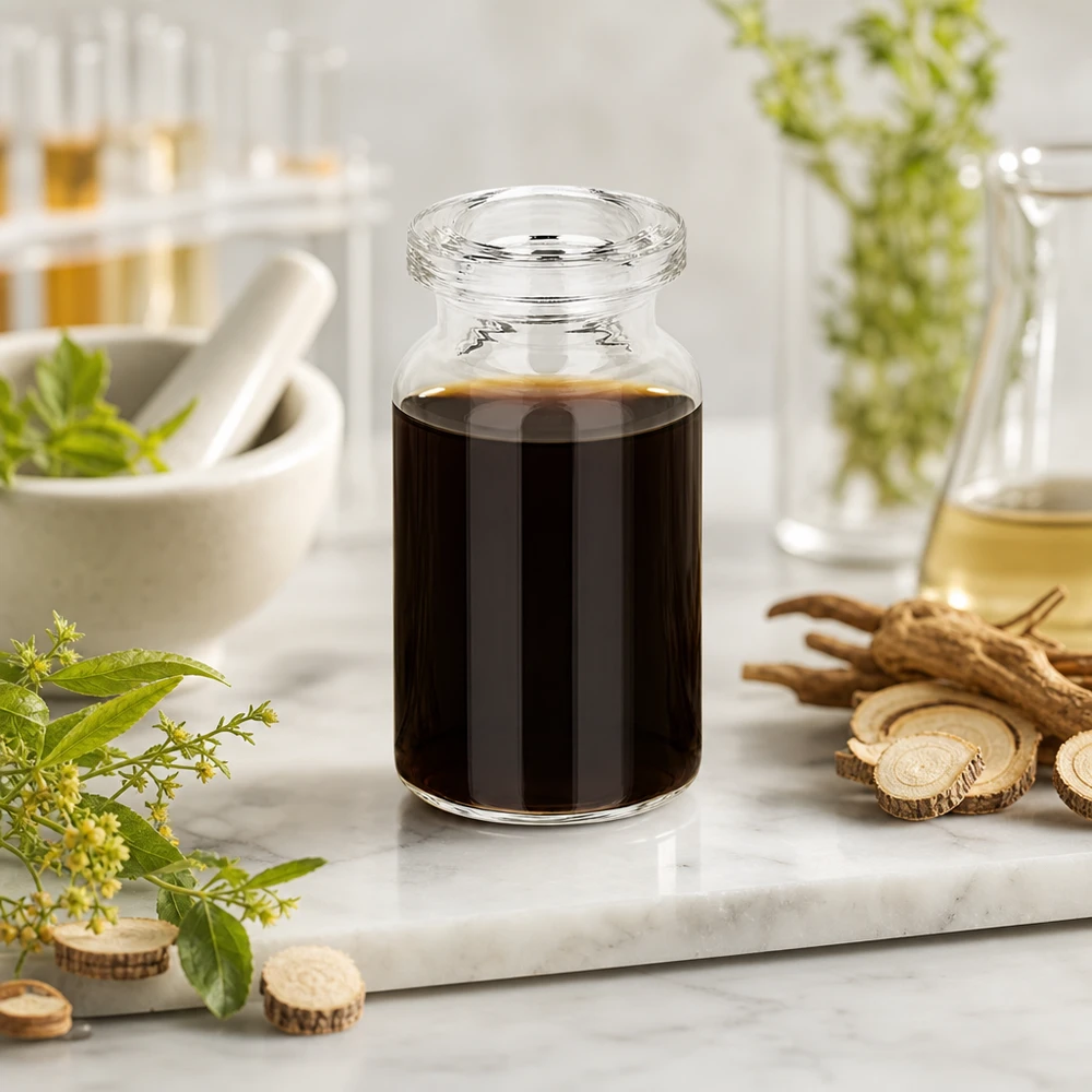 Injektionsflasche Klarglas 5ml Klarglas Injektionsflasche 5ml für Naturextrakte mit Likörwurzel und grünen Kräutern dekoriert