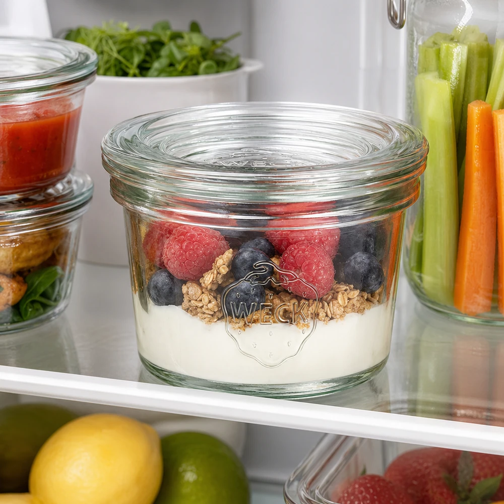 35ml Sturzglas mit Glasdeckel WECK RR40 35ml WECK Sturzglas RR40 mit Joghurt Beeren und Nüssen im Kühlschrank neben Gemüsesticks und Kräutern