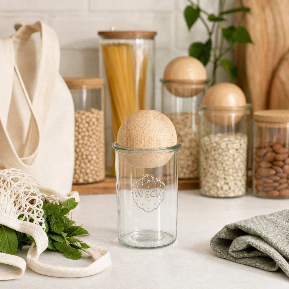 1000ml Sturzglas WECK RR100 mit Holzkugel Buche WECK Sturzglas 1000ml RR100 mit Holzkugel aus Buche in moderner Küche zwischen nachhaltigen Vorratsgläsern und Stoffbeut