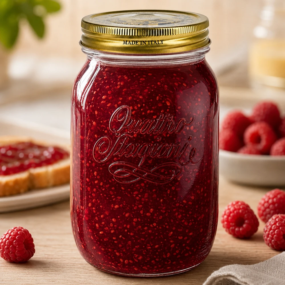 1000ml Rundglas "Quattro Stagioni" mit Deckel 1000ml Quattro Stagioni Glas gefüllt mit Himbeerkonfitüre umgeben von frischen Himbeeren italienisches Einmachglas