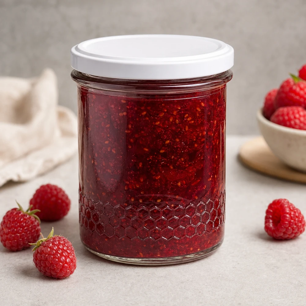 400ml Honigglas als Marmeladenglas für Erdbeermarmelade gefüllt mit frischen Erdbeeren dekorative Küchenverwendung