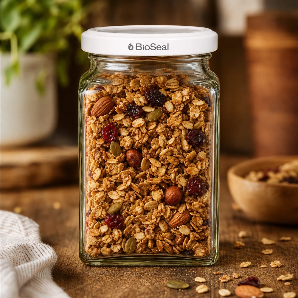 UNiTWIST Tetra260 Vorratsglas gefüllt mit Müsli Nüssen Trockenfrüchten weißer TO58 BioSeal Deckel Küche