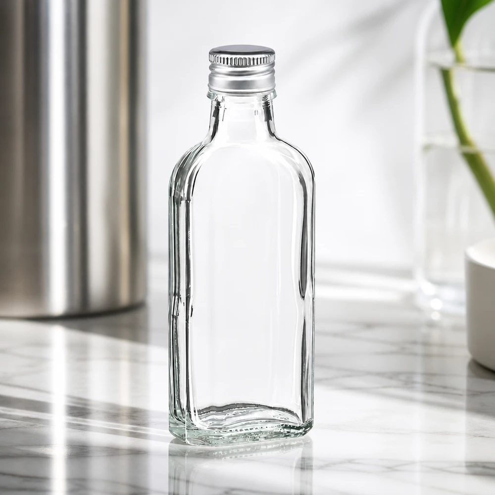 100 ml Meplat klar mit Alu Verschluss silber PP22 Meplat Flasche 100ml klar mit silbernem Aludeckel PP22 minimalistisches Design Studio